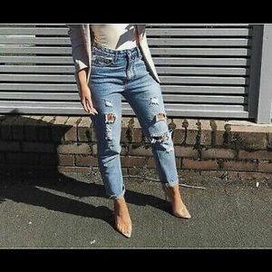 Blue Ripped Mid Wash Mom Jeans